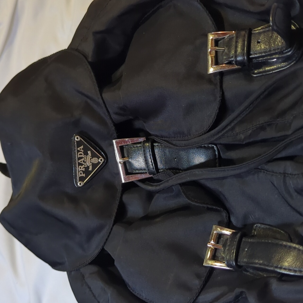 Prada Tessuto Black Nylon Backpack Double Pocket Drawstring Buckle Designer